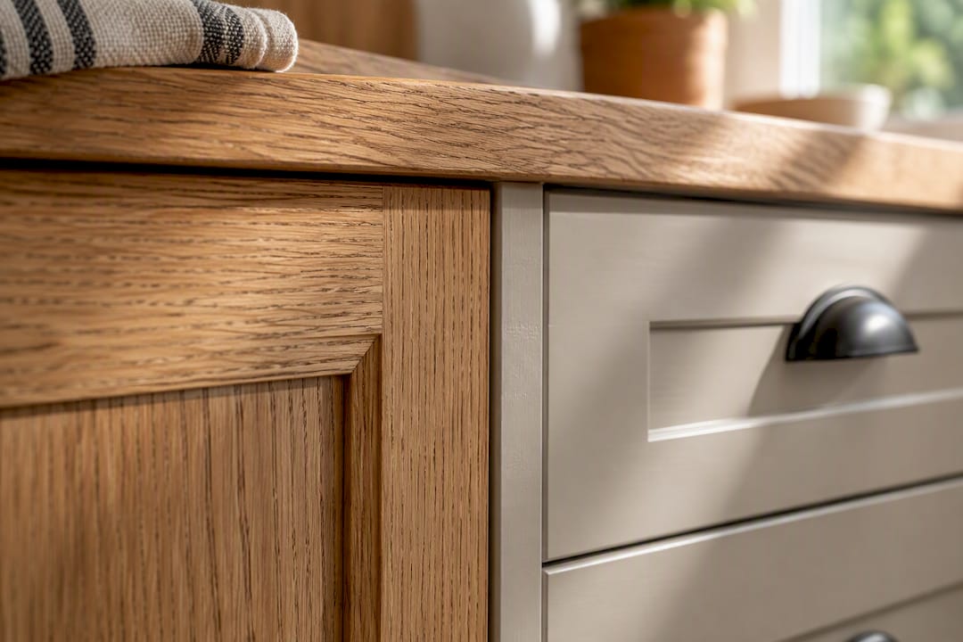 Oak grain beside smooth painted cabinet finish