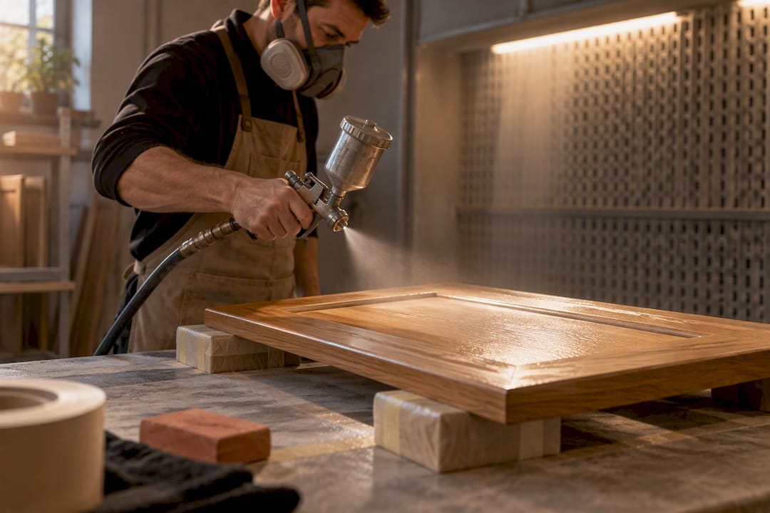 Spraying an oak kitchen cabinet door