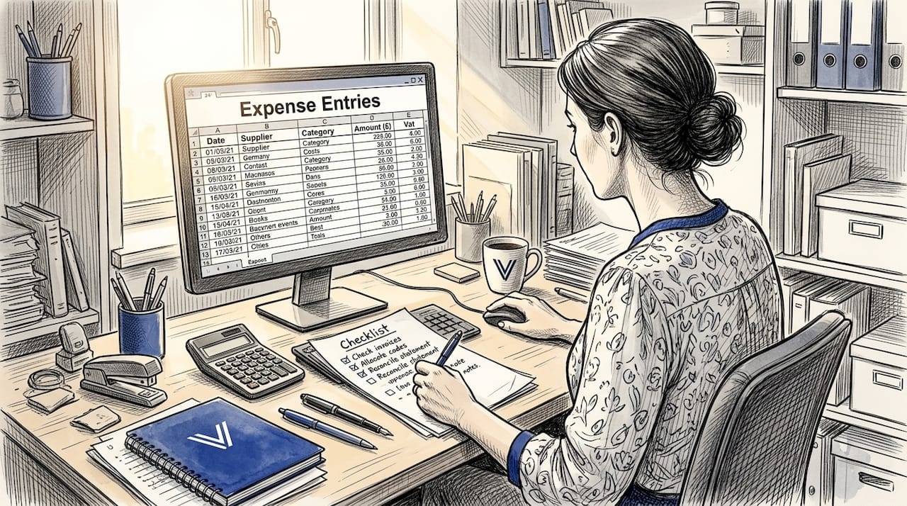 Woman updating digital bookkeeping at home desk