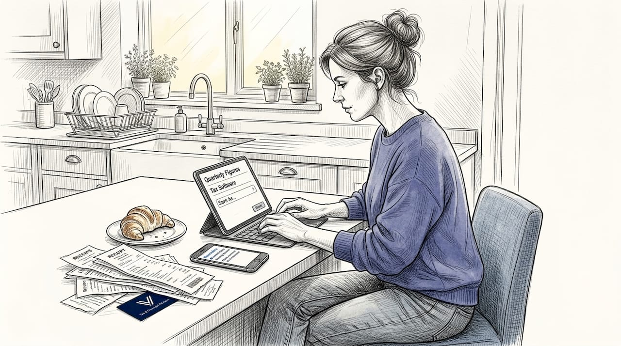 Sole trader entering quarterly tax update kitchen