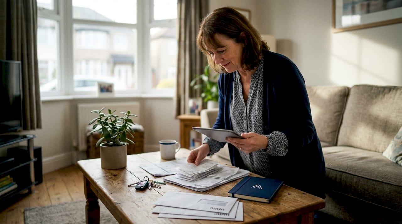 Landlord sorting tax paperwork with tablet