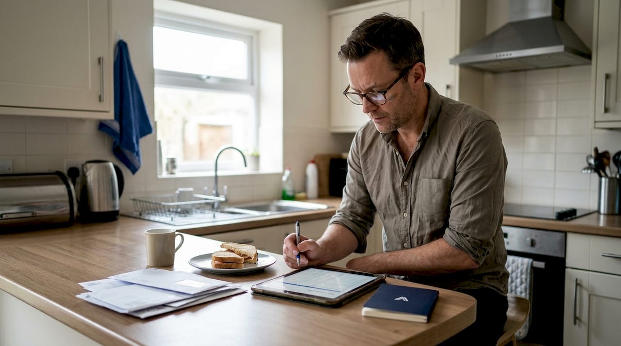 Man submitting digital tax update in kitchen