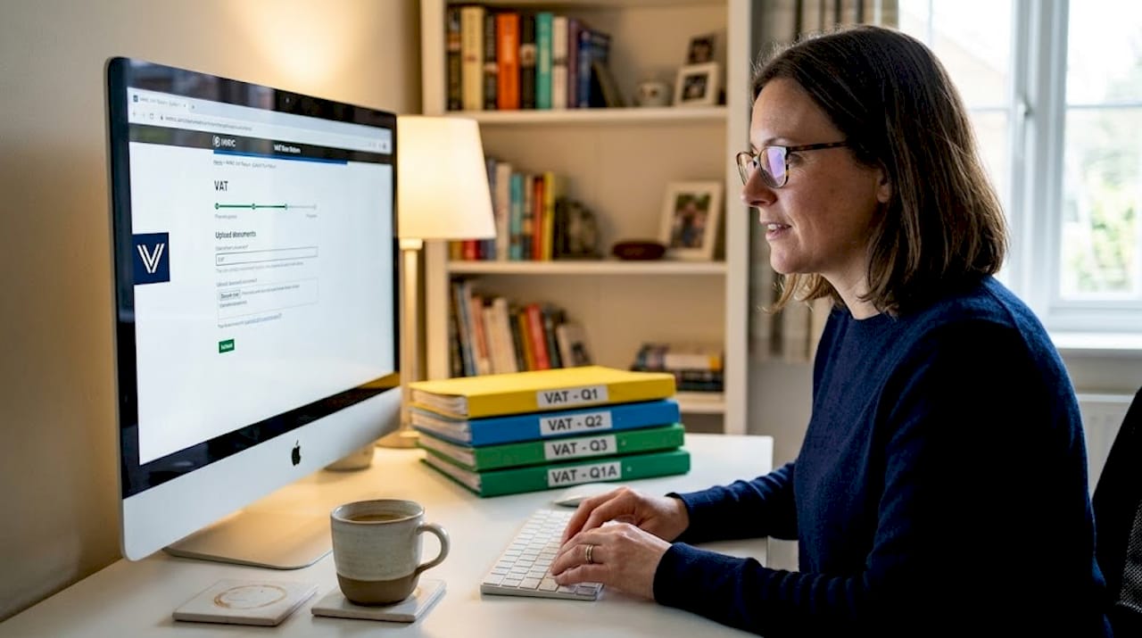 Woman uploading VAT return on computer