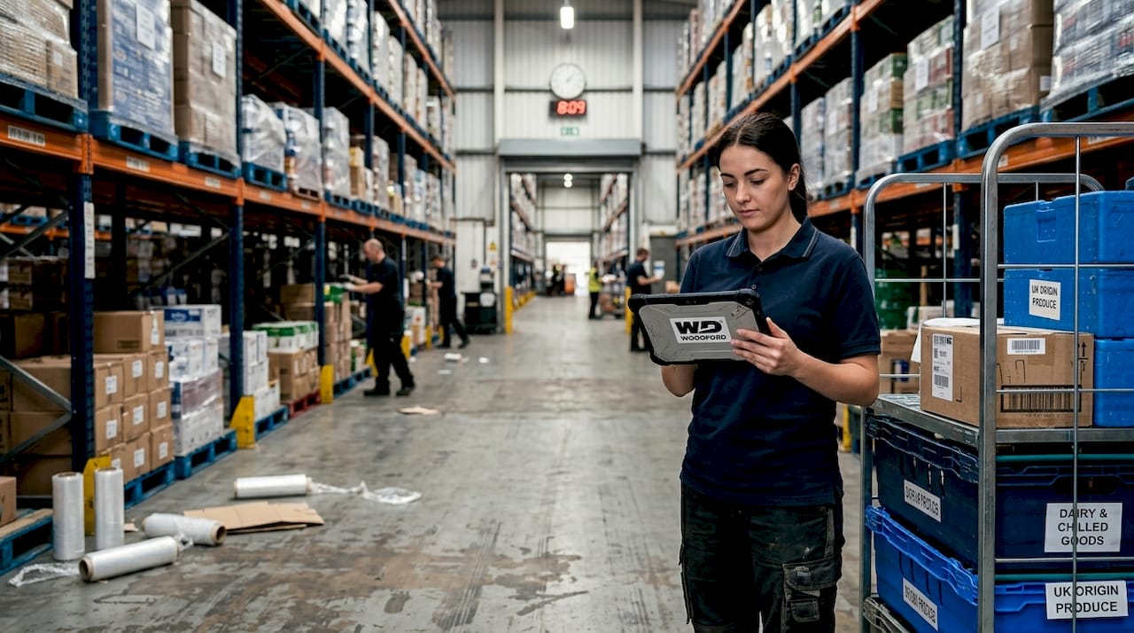 Warehouse worker using tablet around chilled stock