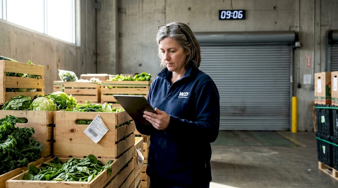 Coordinator checking manifests by fresh food crates