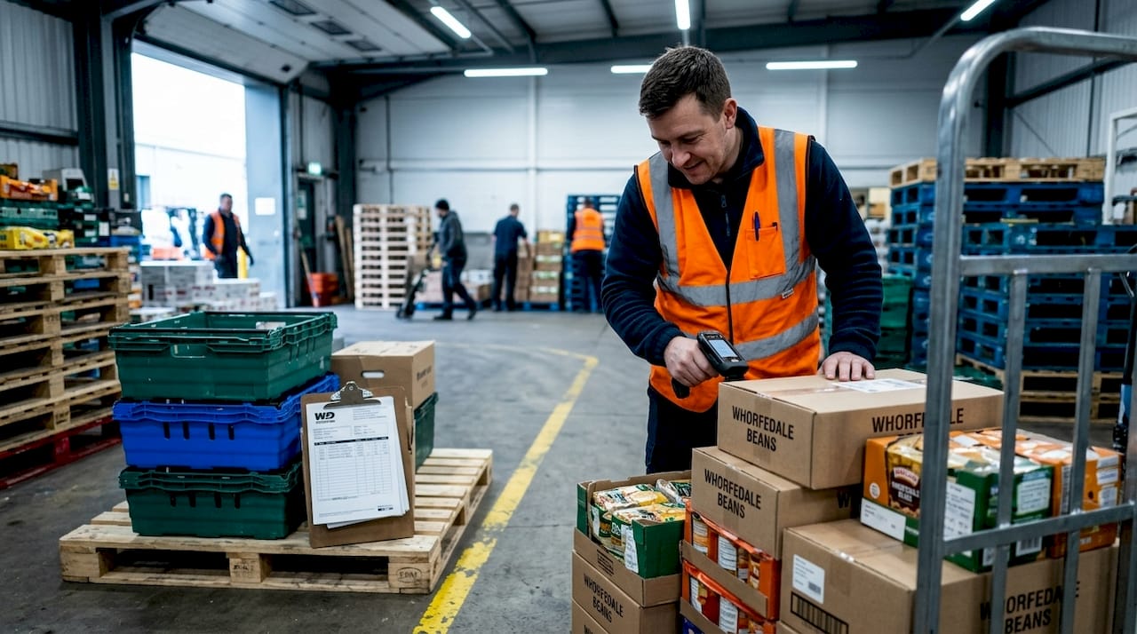 Warehouse worker scanning food delivery at depot