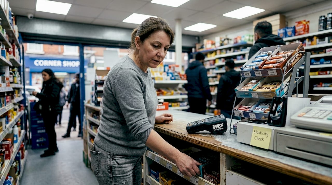 Store owner adjusting shelf pricing tags