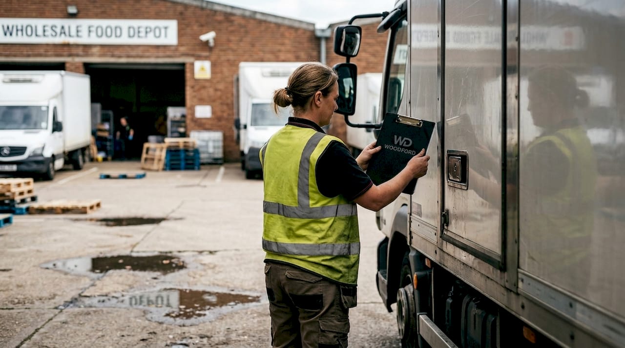 Driver records log at cold chain delivery truck