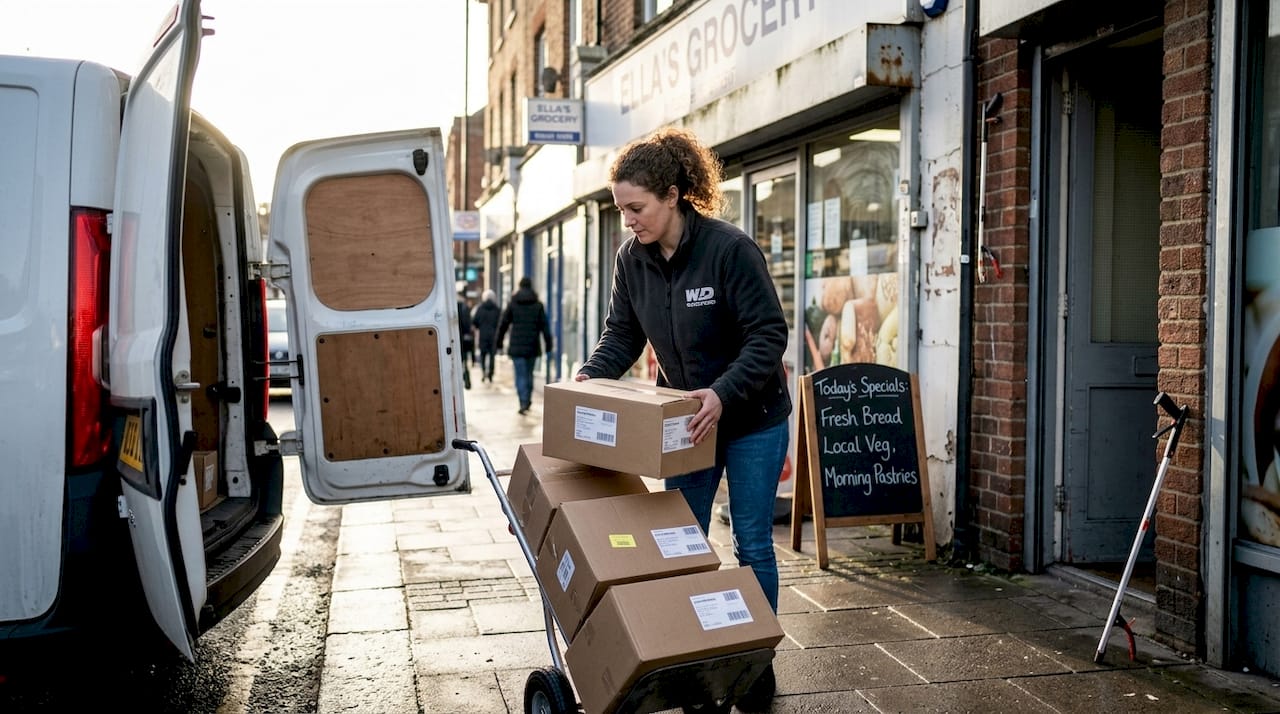 Shop owner receiving wholesale delivery outside shop