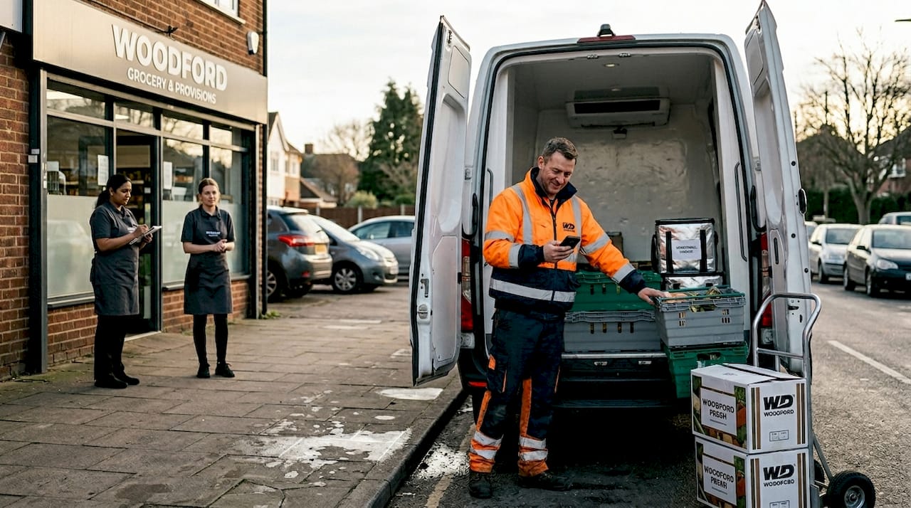 Driver unloading compliant food from van
