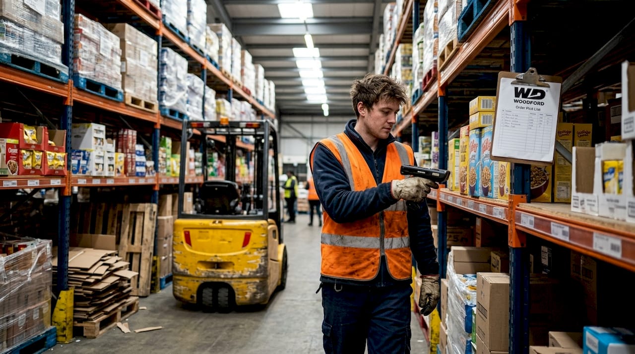 Warehouse staff scanning stock in grocery aisle