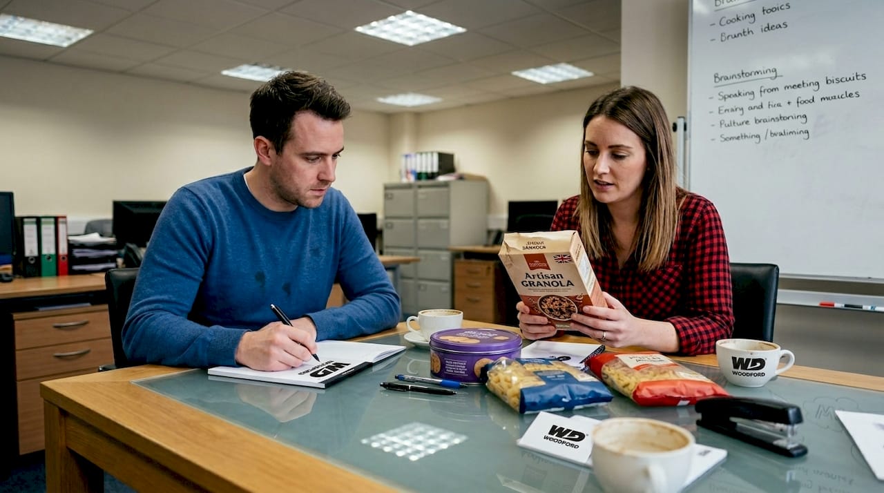 Brand managers reviewing food packaging designs