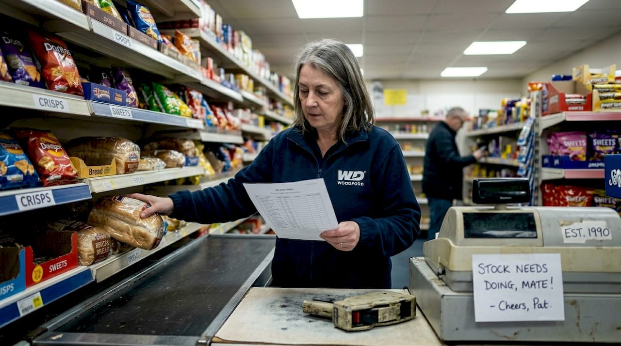 Shop owner organizing shelves in corner shop