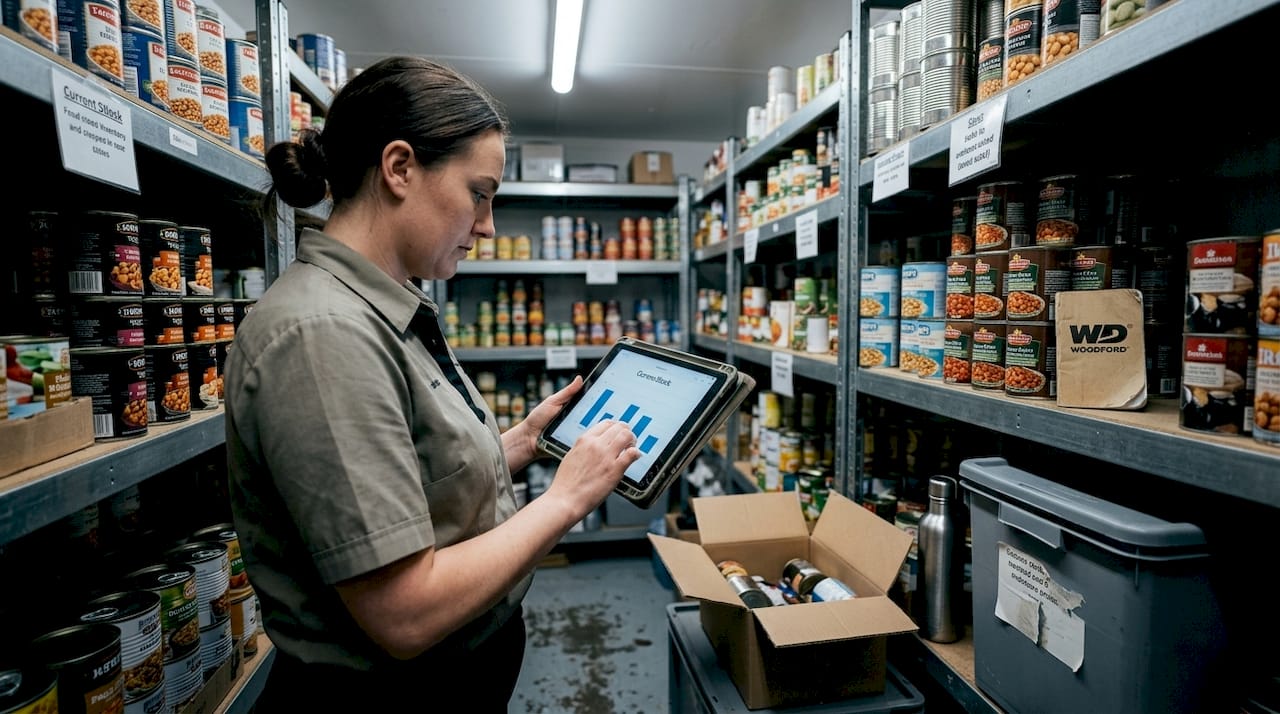 Worker updating food stock digitally in storeroom