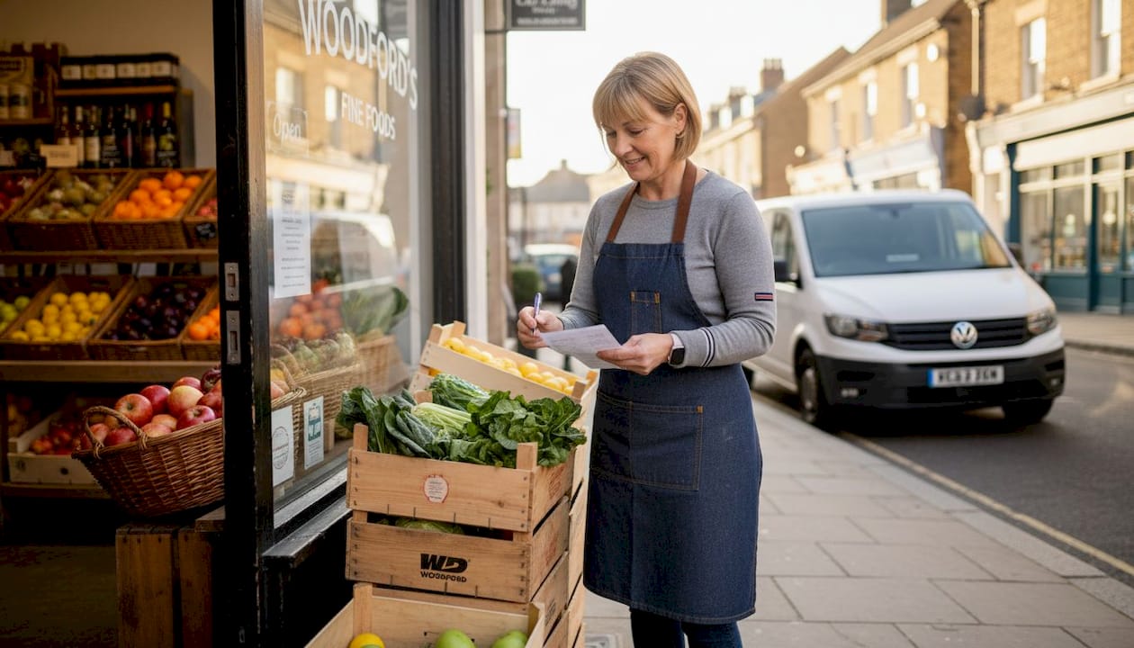 Grocer checks produce delivery outside store