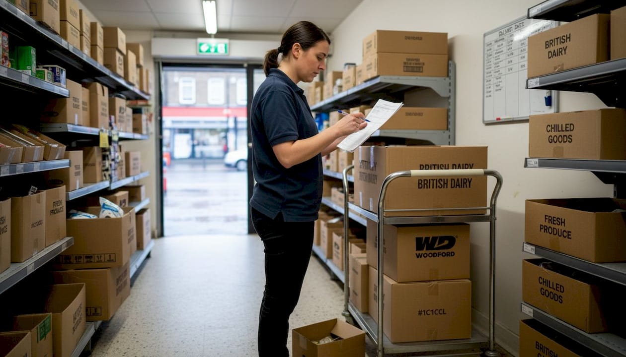 Shop assistant checks food delivery batch