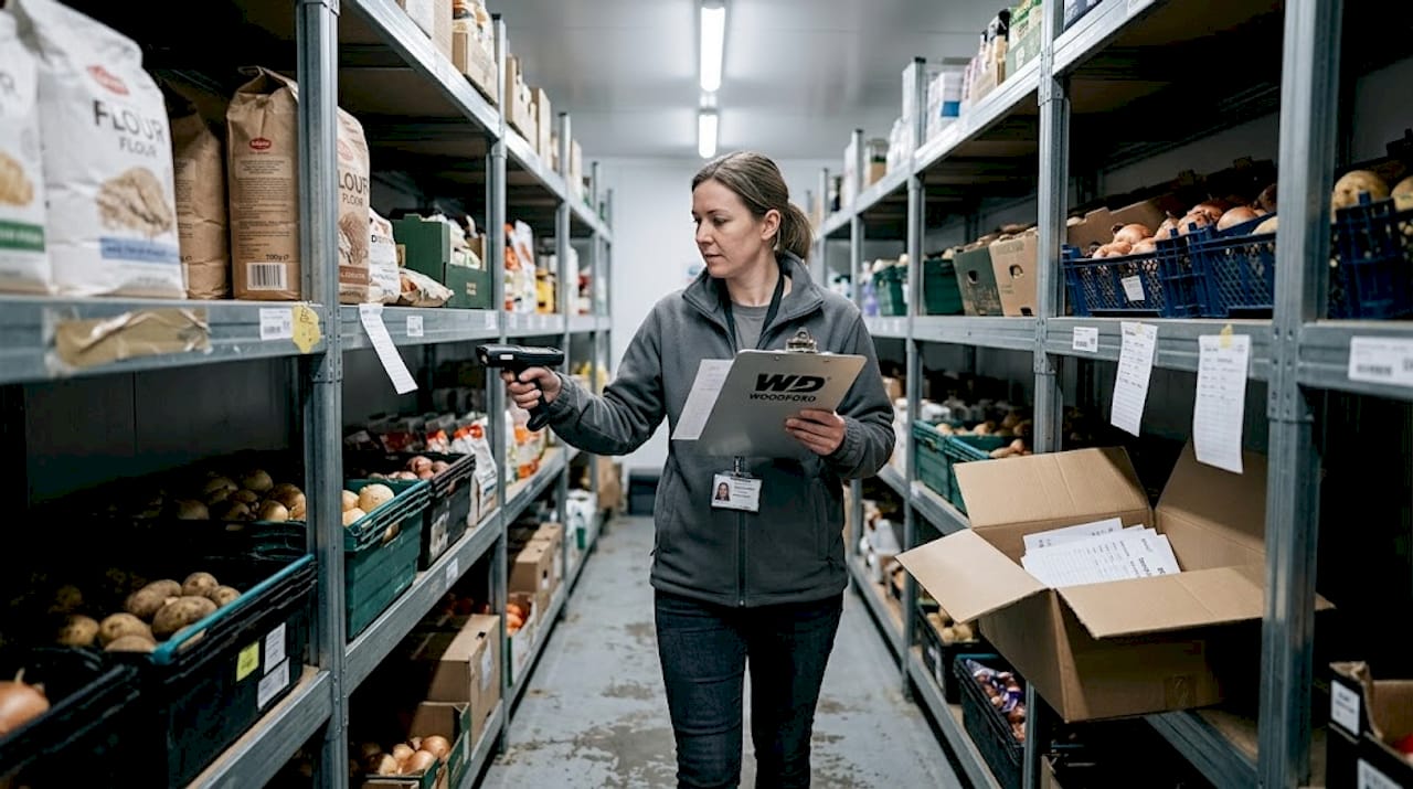 Supervisor scans inventory in warehouse aisle