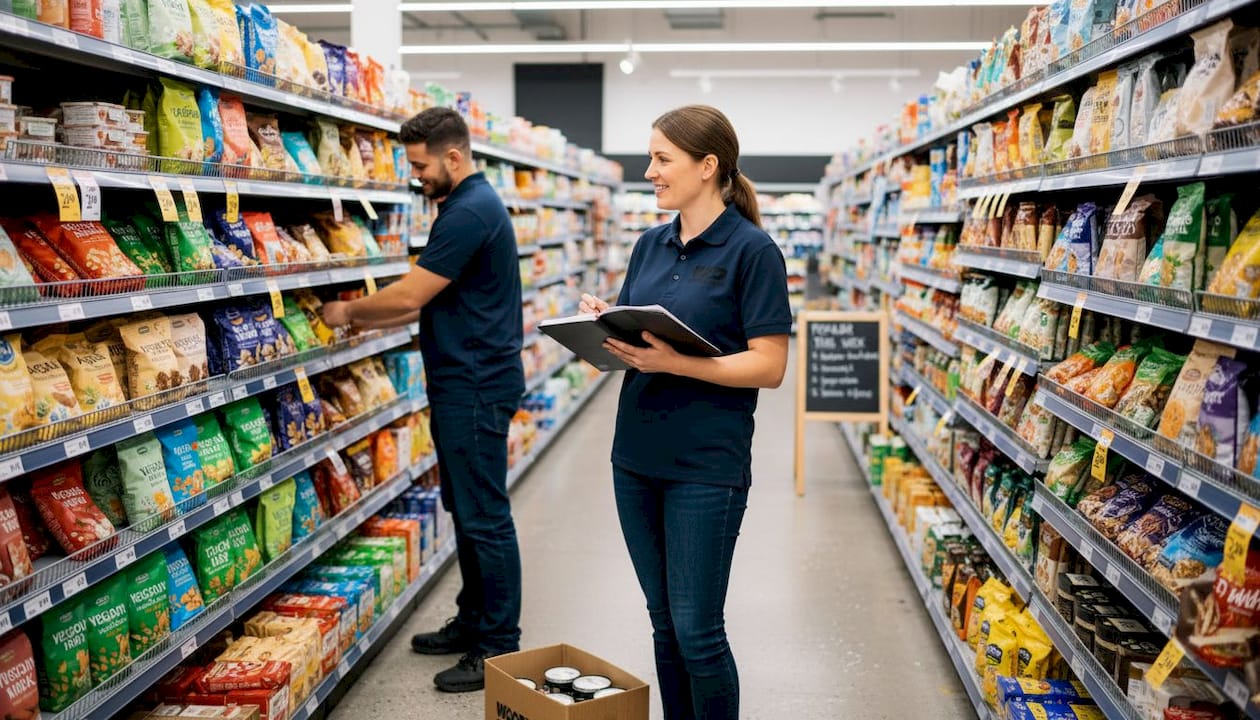 Retail staff discussing trending food items