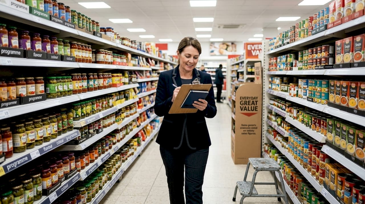 Store manager inspecting ambient food aisle
