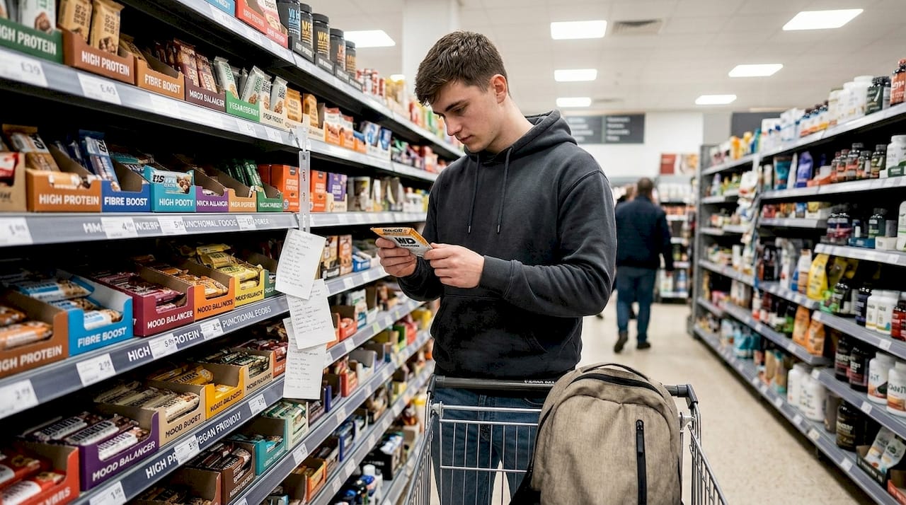 Shopper selects functional food from busy shelf