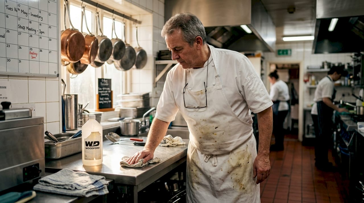 Chef cleaning restaurant kitchen after service