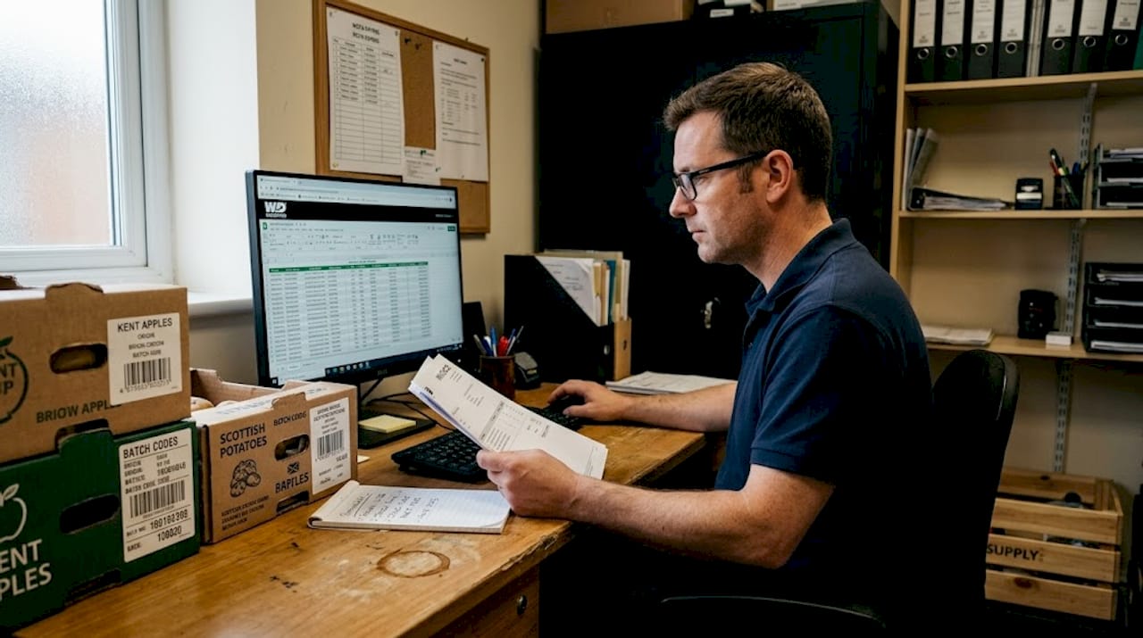 Manager reviewing food traceability paperwork