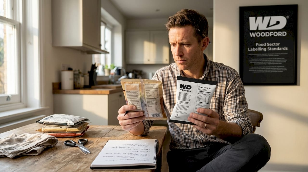 Man comparing old and new food packaging