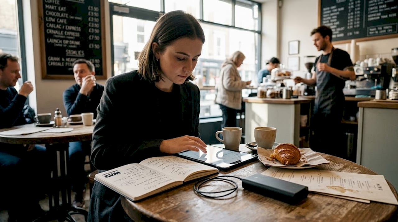 Marketer reviews digital campaign analytics café