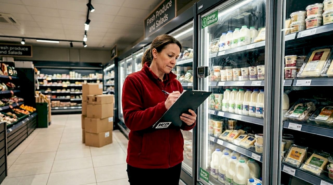 Supervisor checks energy-efficient grocery refrigeration