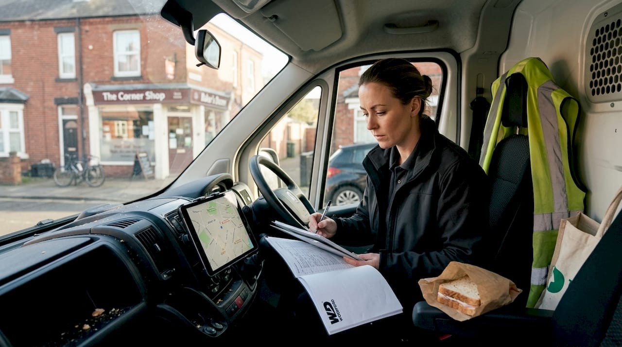 Driver checking route in delivery van