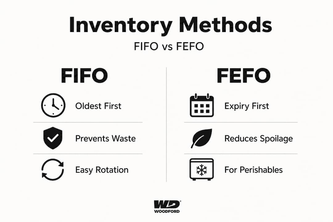 Infographic showing FIFO versus FEFO inventory methods