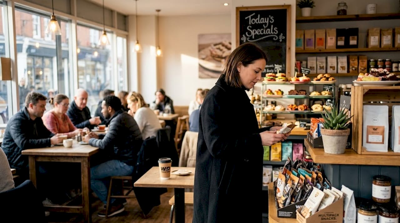 Shopper examining endcap snacks in UK store