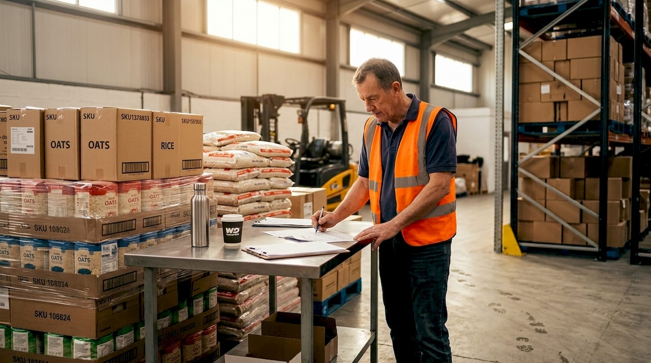 Worker inspects food storage logistics area