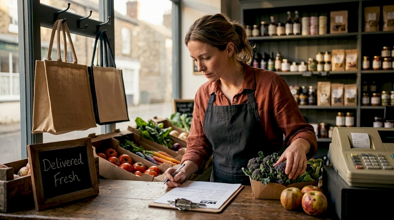 Shop assistant unpacking food delivery at counter
