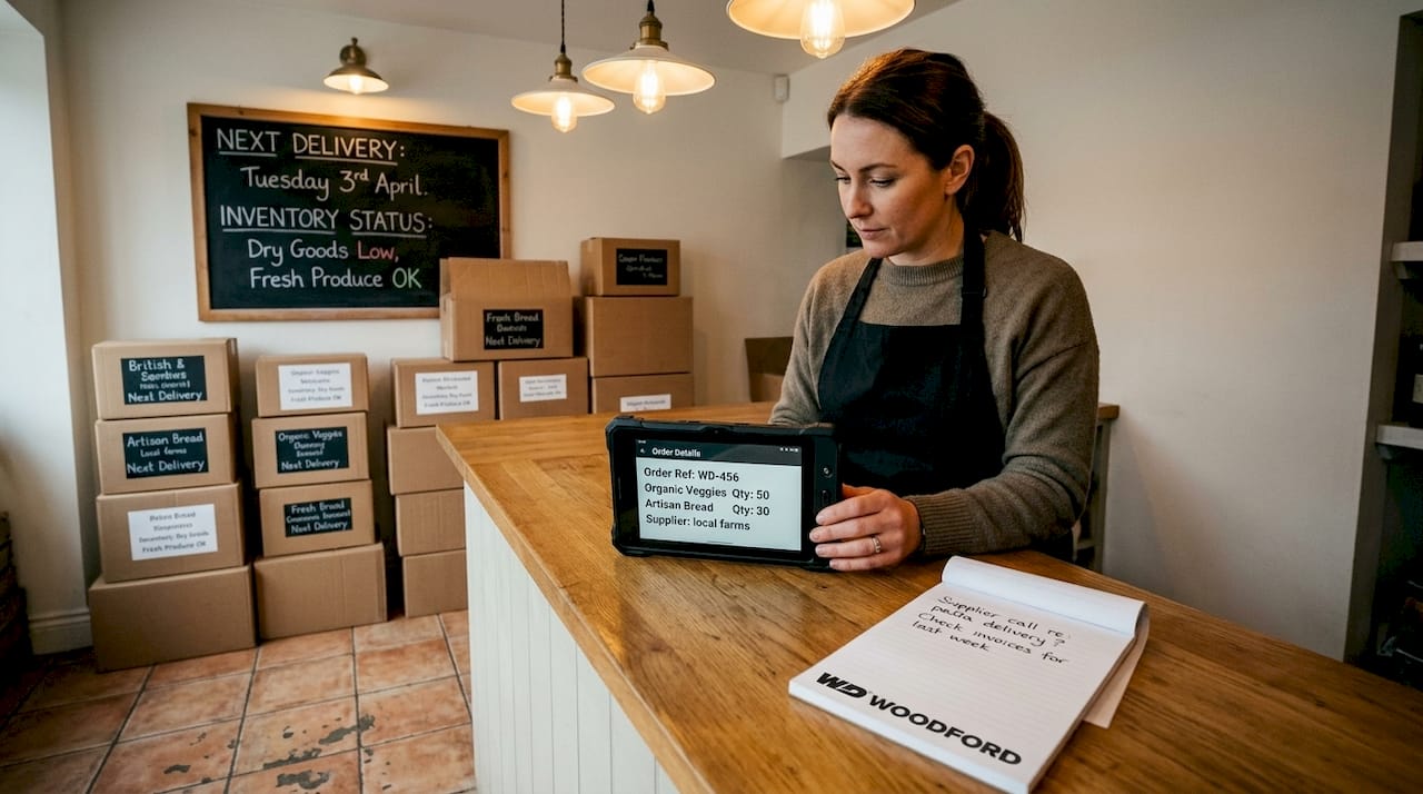 Store supervisor uses tablet for online ordering