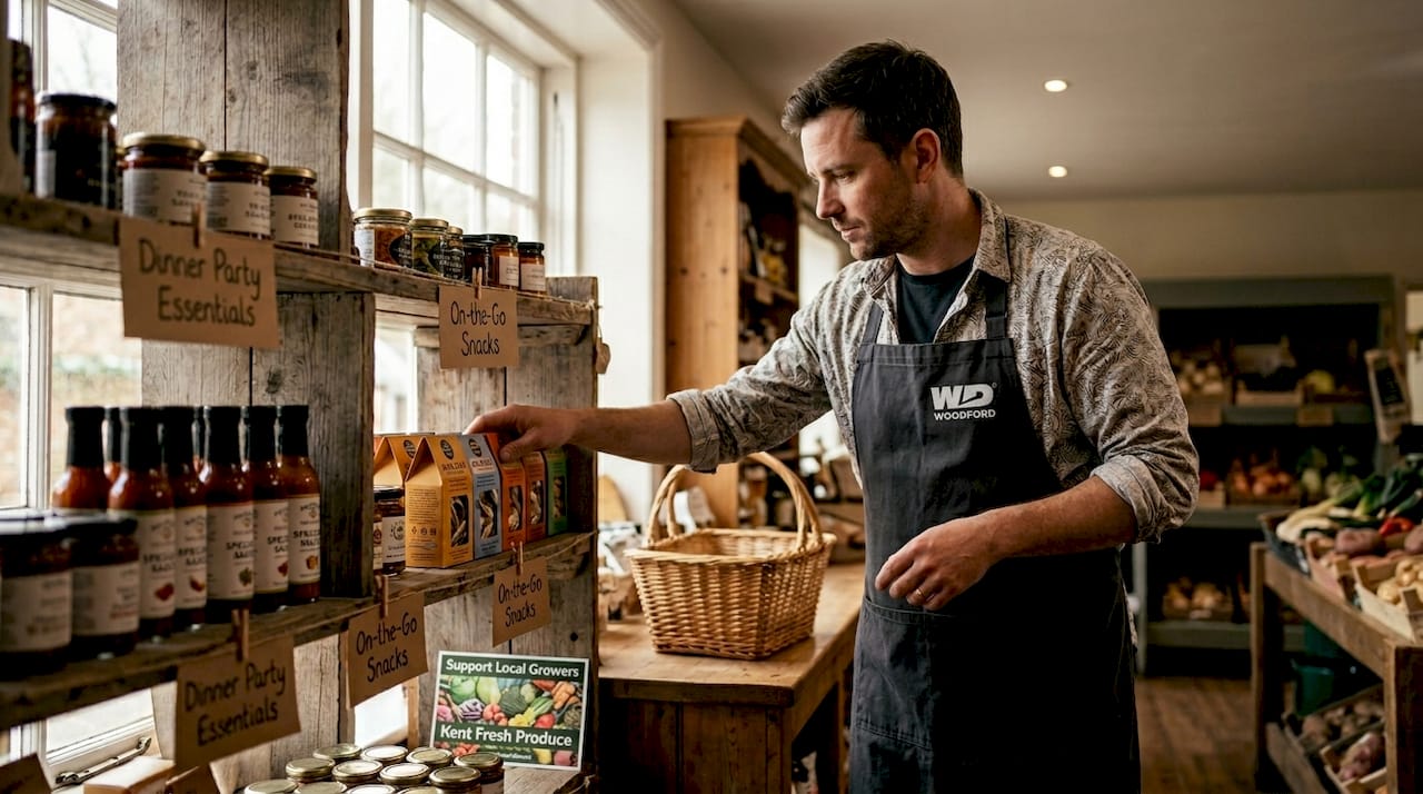 Store associate organizing curated food shelves