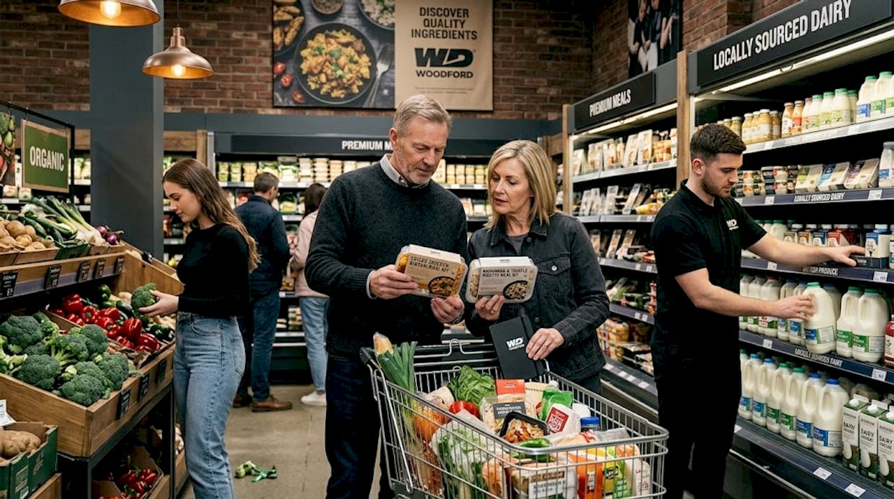 Shoppers evaluating food choices in supermarket