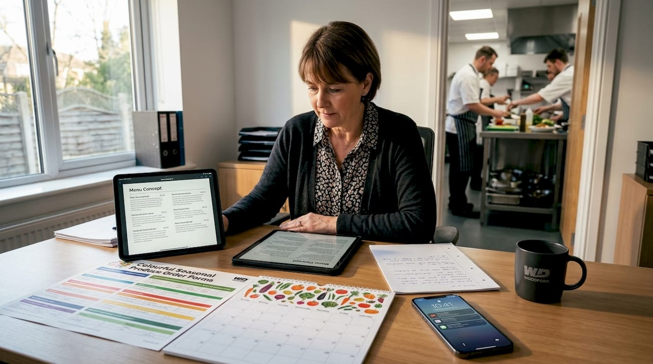 Manager planning seasonal menu at busy desk