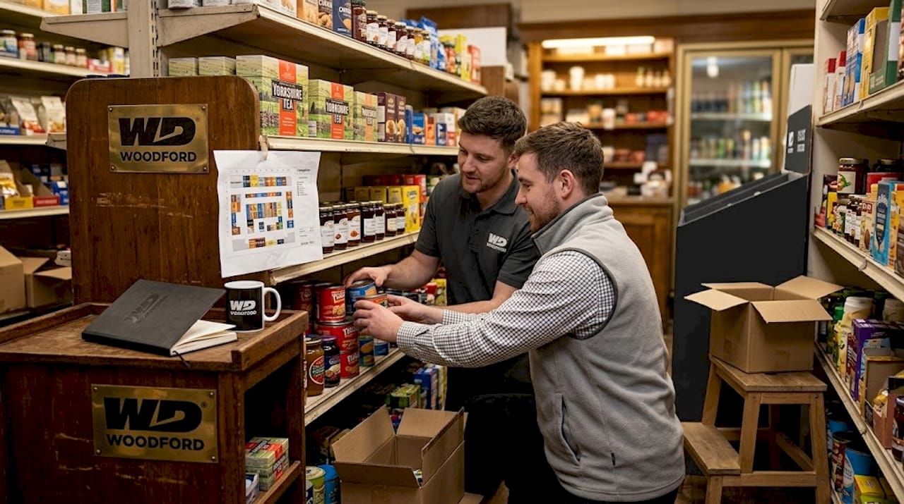 Store staff resetting grocery shelf layout