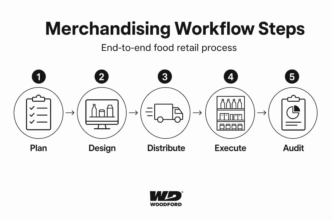 Infographic showing food merchandising workflow steps