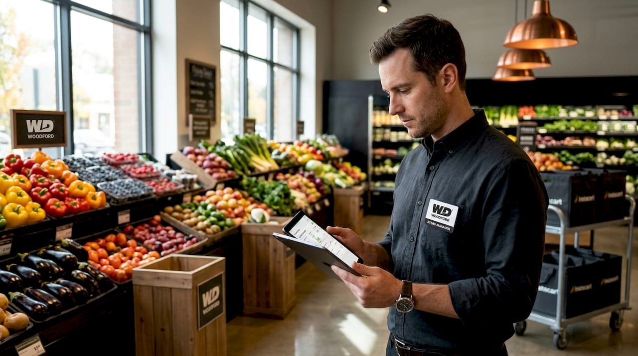Grocery manager checks digital storefront dashboard