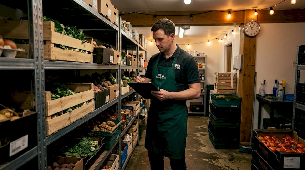 Worker managing perishable items in stockroom