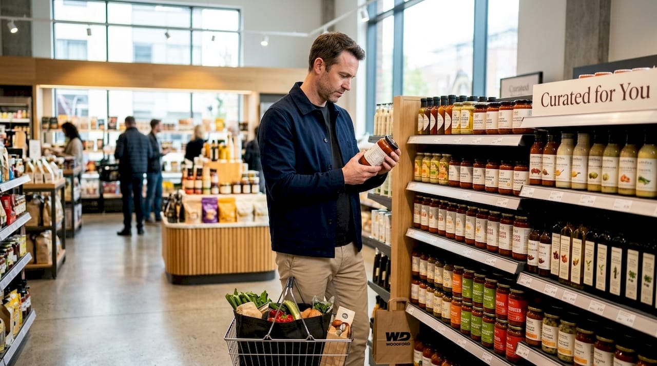 Shopper reading ingredient label on sauce