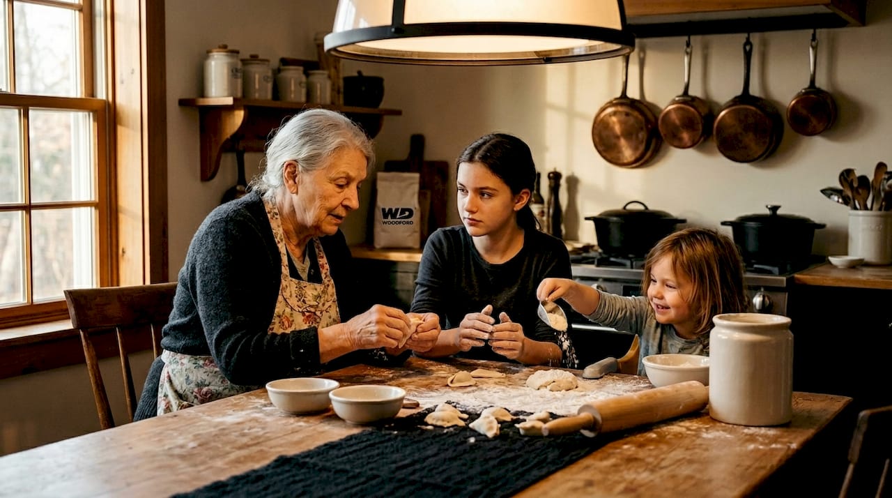 Family preparing traditional meal in home kitchen