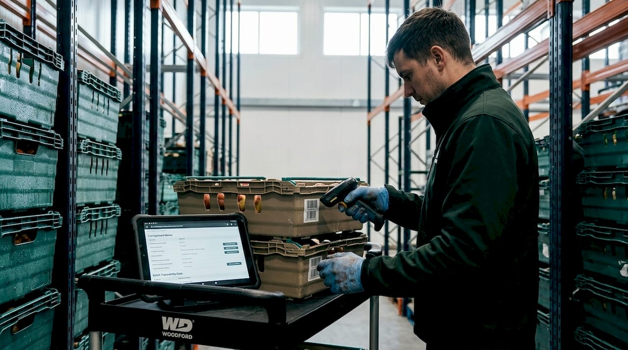 Logistics worker scanning produce for traceability