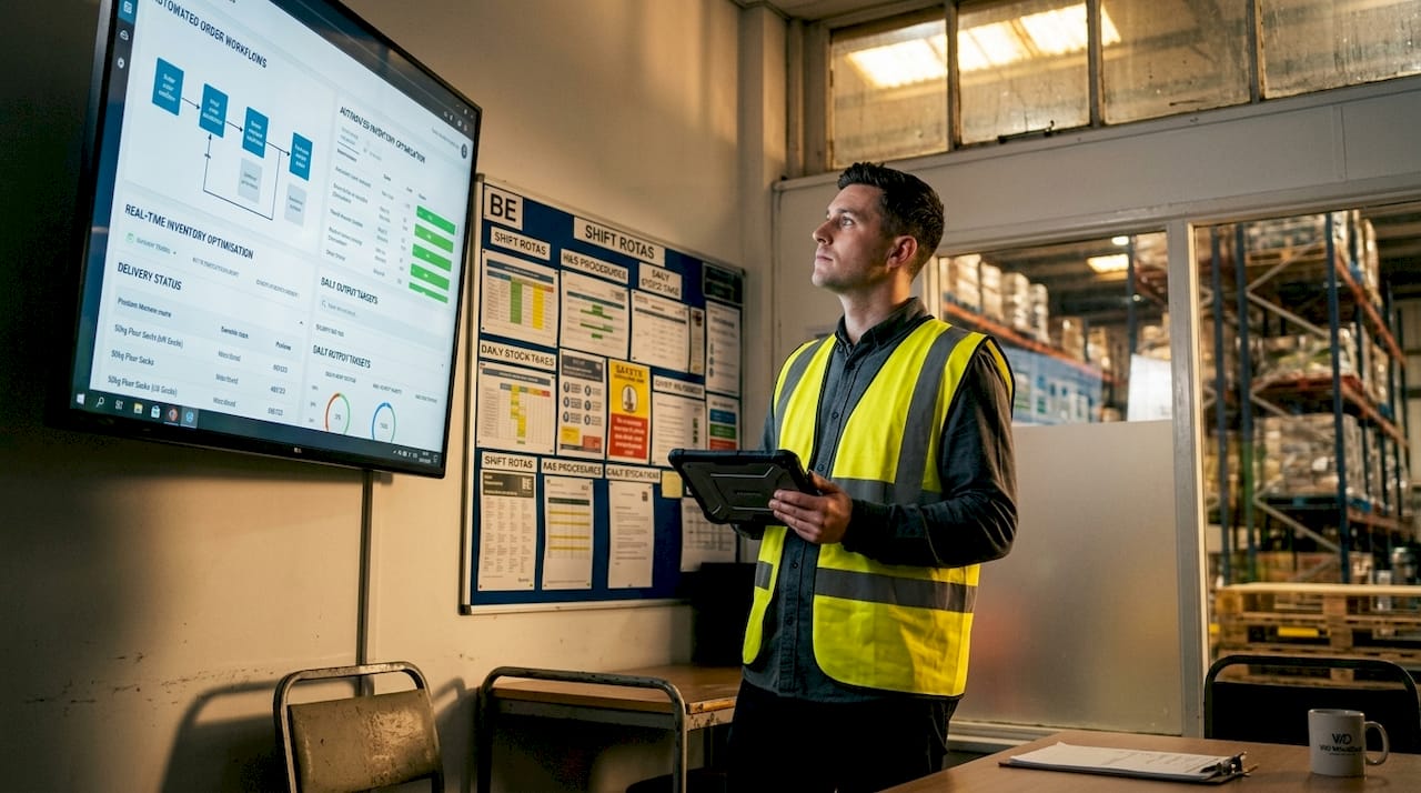 Warehouse supervisor monitoring automated workflow