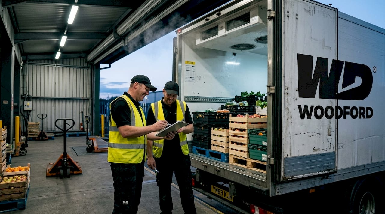 Workers loading fresh produce into refrigerated truck