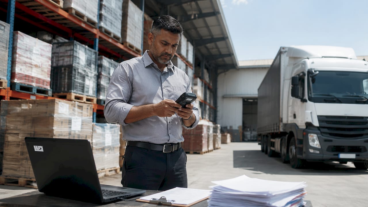 Logistics manager scanning packages in warehouse
