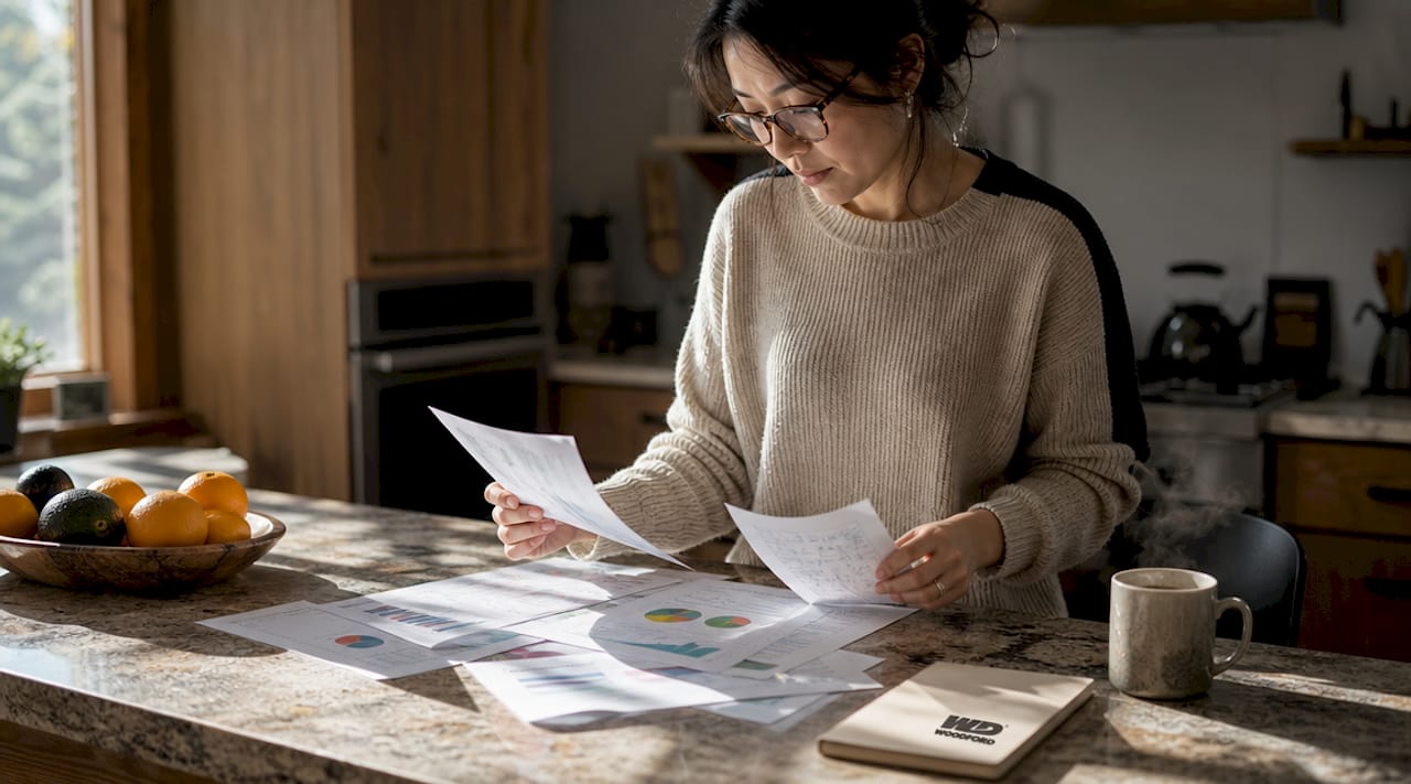 Woman reviewing food brand market research at desk