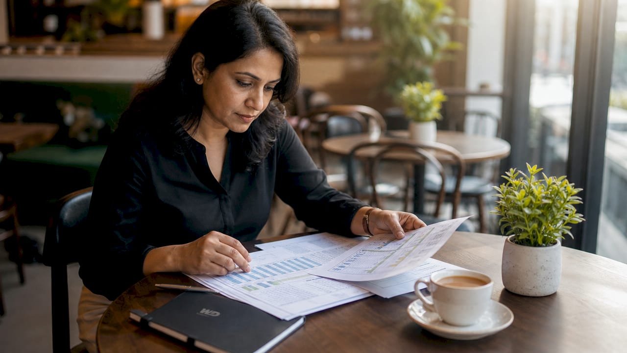 Woman reviewing food launch schedules at table